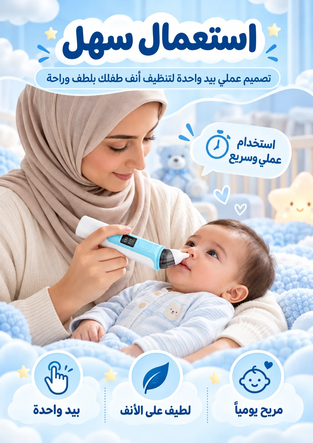 أم تستخدم جهاز شفط الأنف لطفلها بيد واحدة