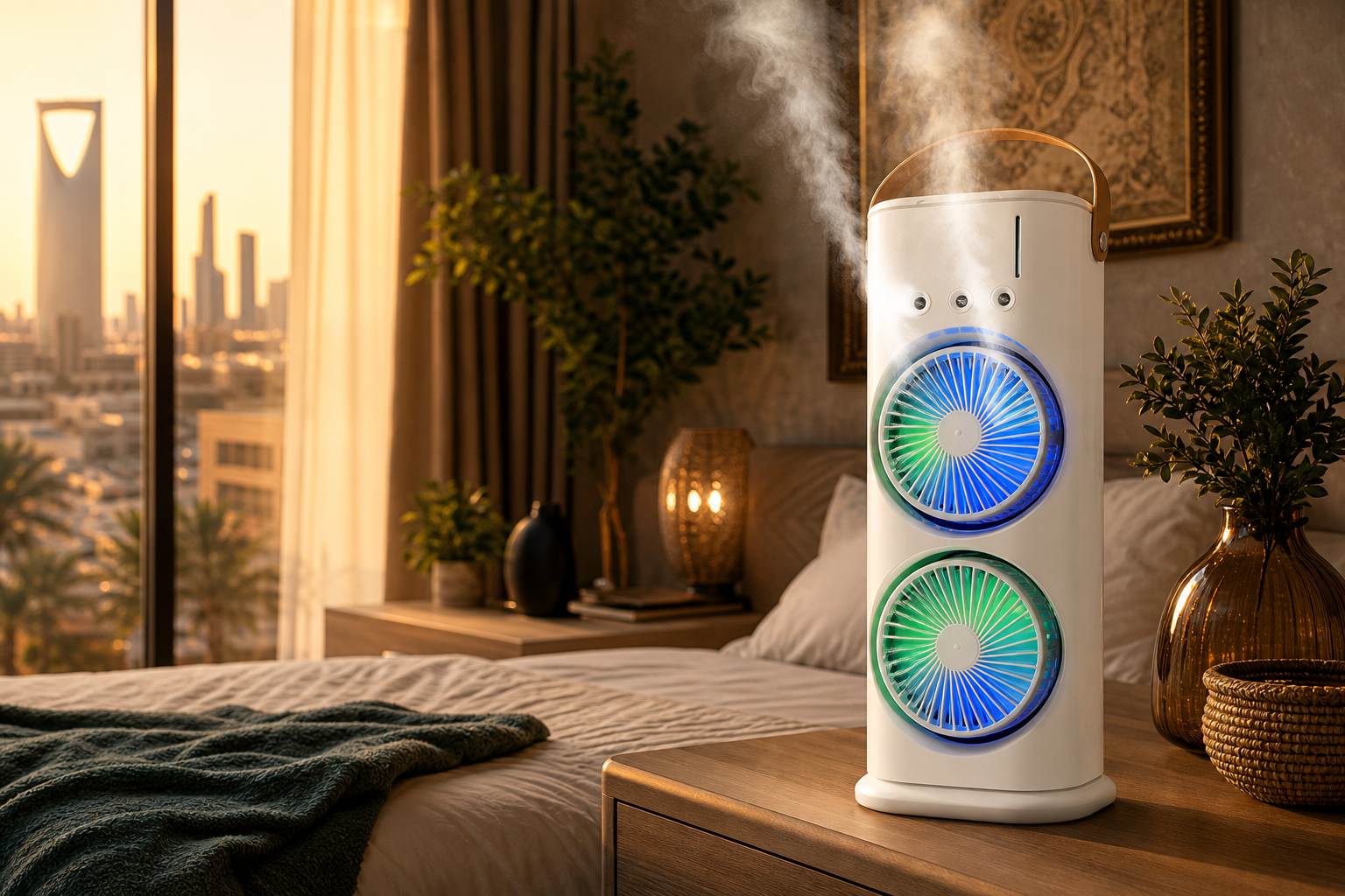 مروحة الرذاذ المزدوجة — تبريد فوري ورذاذ منعش مع إضاءة LED